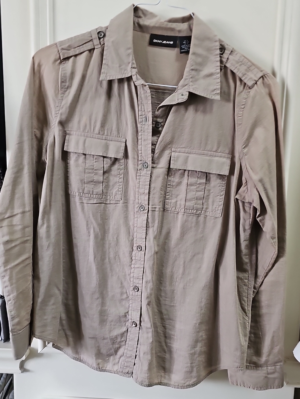 Dkny Women's Long-Sleeve Button-Down Shirt in Taupe Beige